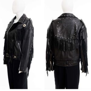 Black leather fringed jacket / XL
